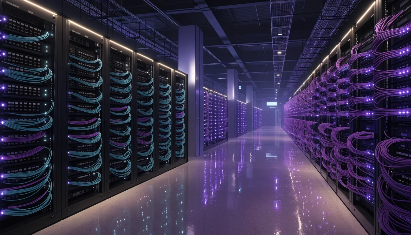 Rows of server racks with neatly routed network cabling in a data center